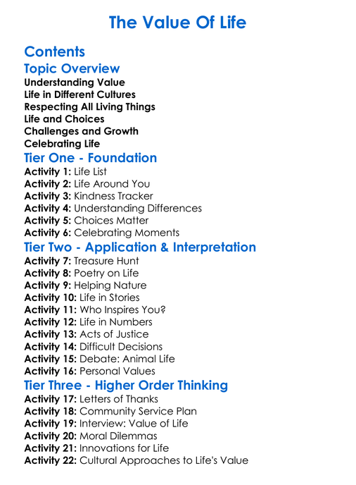 The Value Of Life Worksheet Activity Booklet
