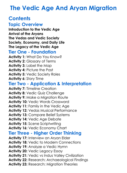 The Vedic Age And Aryan Migration Worksheet Activity Booklet