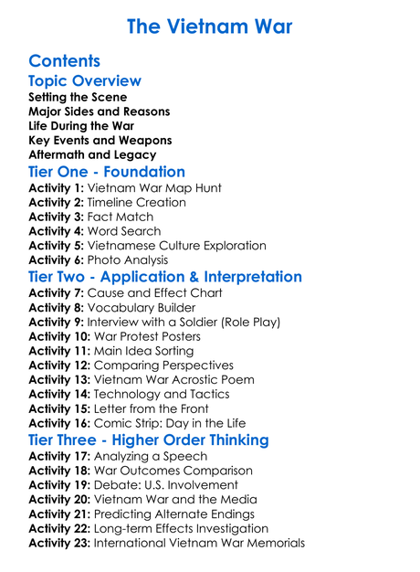 The Vietnam War Worksheet Activity Booklet