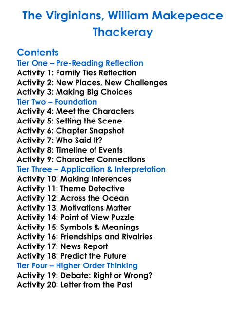 The Virginians William Makepeace Thackeray Worksheet Activity Booklet