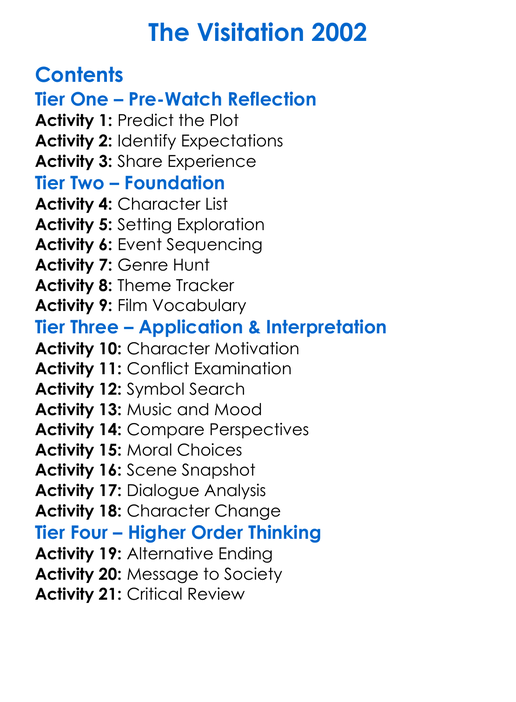 The Visitation 2002 Worksheet Activity Booklet