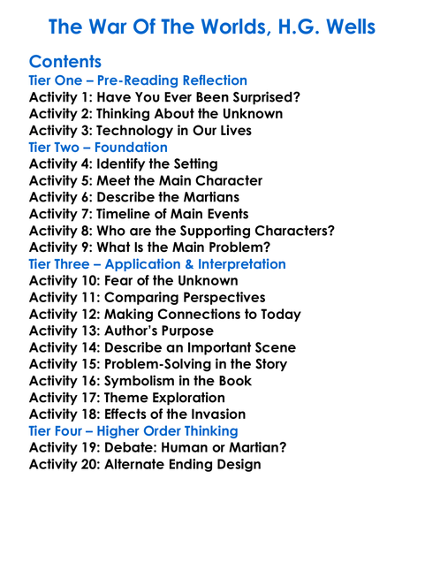 The War Of The Worlds Hg Wells Worksheet Activity Booklet