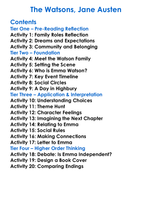 The Watsons Jane Austen Worksheet Activity Booklet