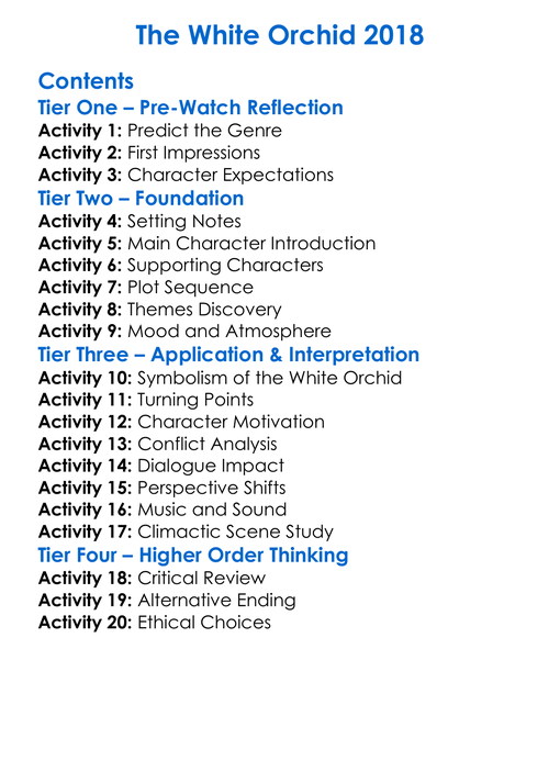 The White Orchid 2018 Worksheet Activity Booklet