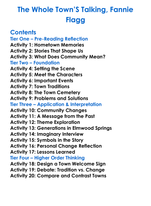 The Whole Towns Talking Fannie Flagg Worksheet Activity Booklet