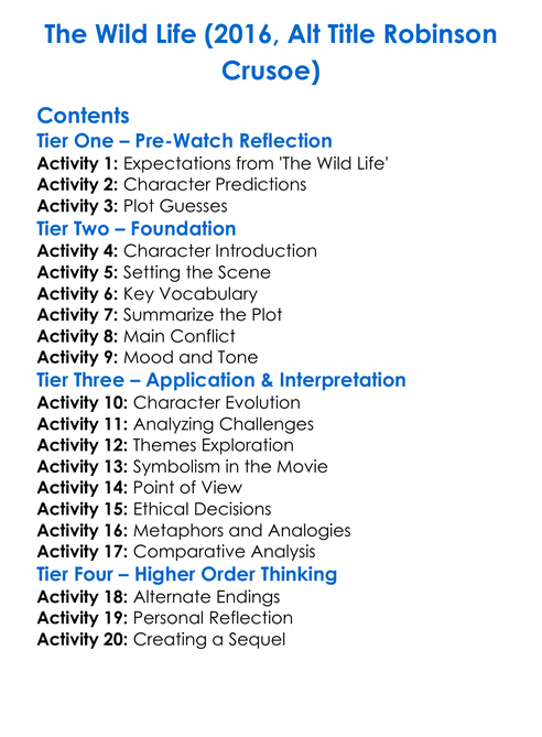 The Wild Life 2016 Alt Title Robinson Crusoe Worksheet Activity Booklet