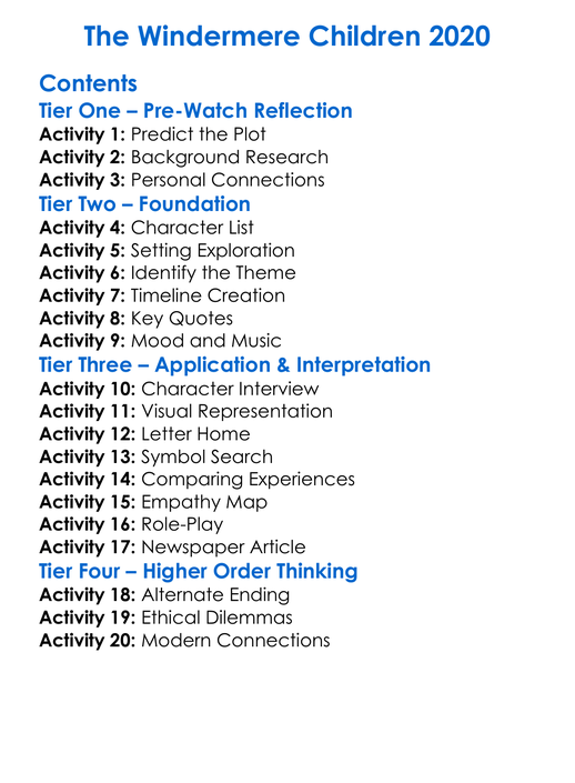 The Windermere Children 2020 Worksheet Activity Booklet
