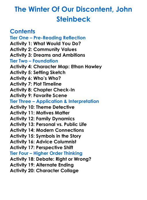 The Winter Of Our Discontent John Steinbeck Worksheet Activity Booklet