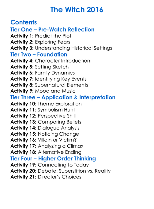 The Witch 2016 Worksheet Activity Booklet