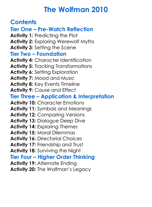 The Wolfman 2010 Worksheet Activity Booklet