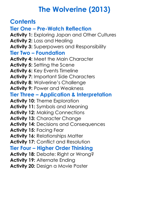 The Wolverine 2013 Worksheet Activity Booklet