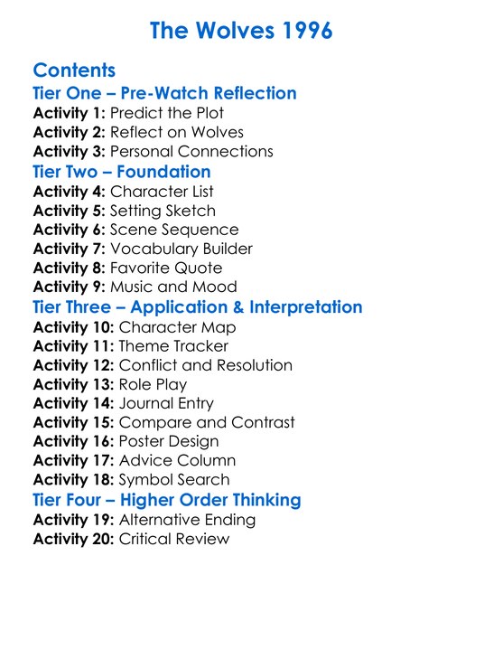 The Wolves 1996 Worksheet Activity Booklet