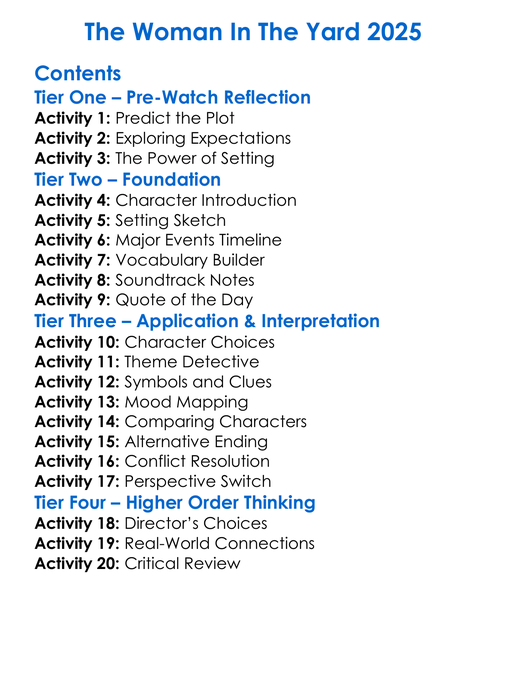 The Woman In The Yard 2025 Worksheet Activity Booklet