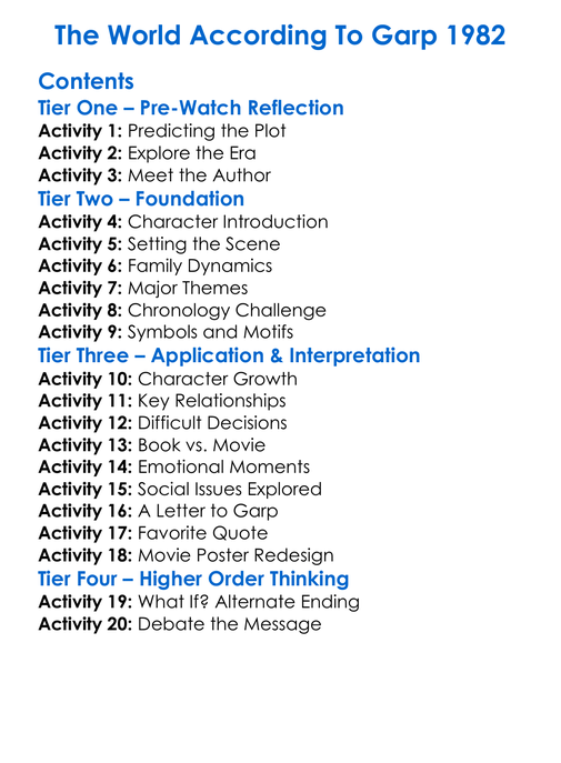 The World According To Garp 1982 Worksheet Activity Booklet
