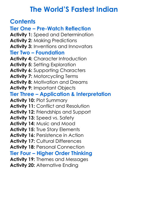 The Worlds Fastest Indian Worksheet Activity Booklet