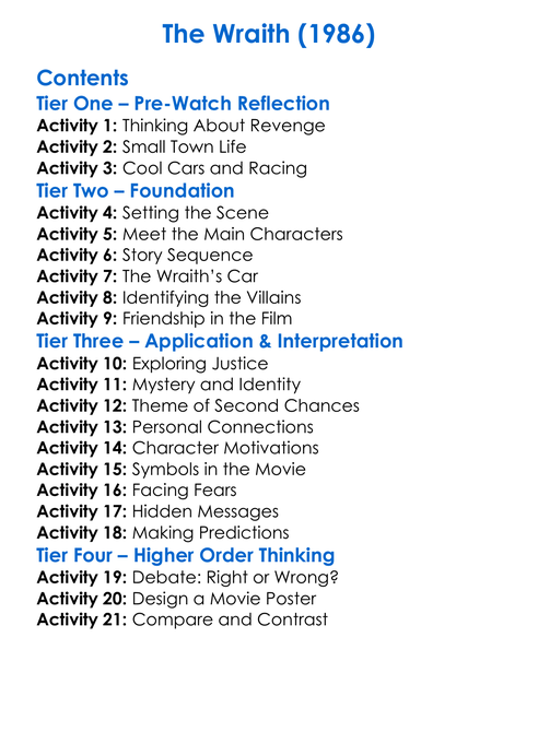 The Wraith 1986 Worksheet Activity Booklet