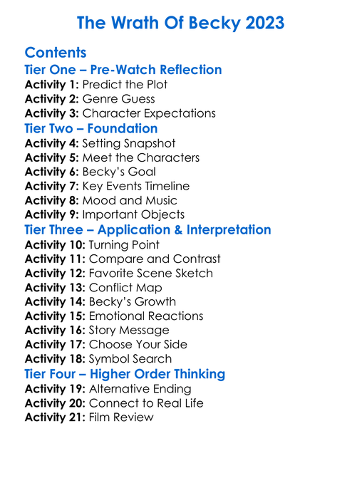 The Wrath Of Becky 2023 Worksheet Activity Booklet