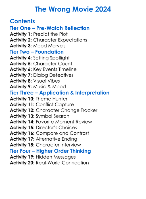 The Wrong Movie 2024 Worksheet Activity Booklet