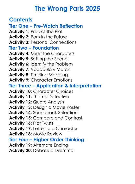 The Wrong Paris 2025 Worksheet Activity Booklet