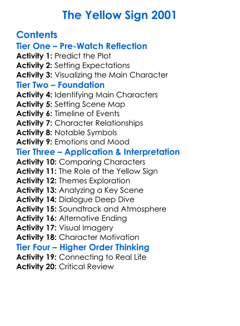 The Yellow Sign 2001 Worksheet Activity Booklet
