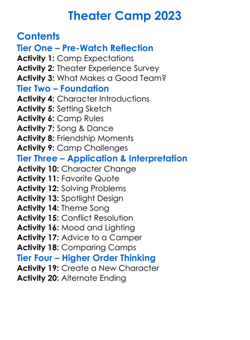 Theater Camp 2023 Worksheet Activity Booklet