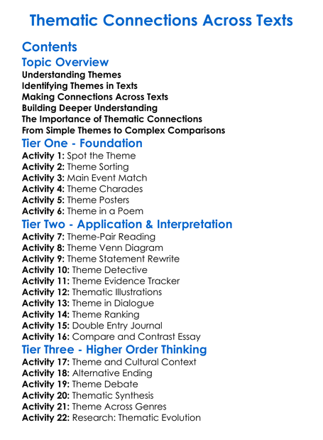 Thematic Connections Across Texts Worksheet Activity Booklet