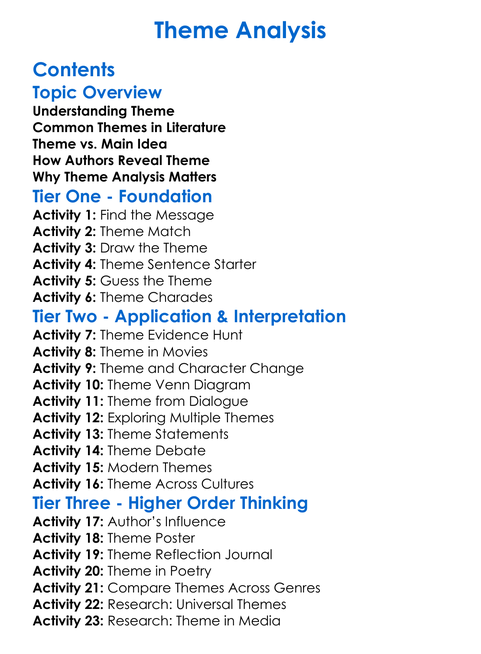 Theme Analysis Worksheet Activity Booklet
