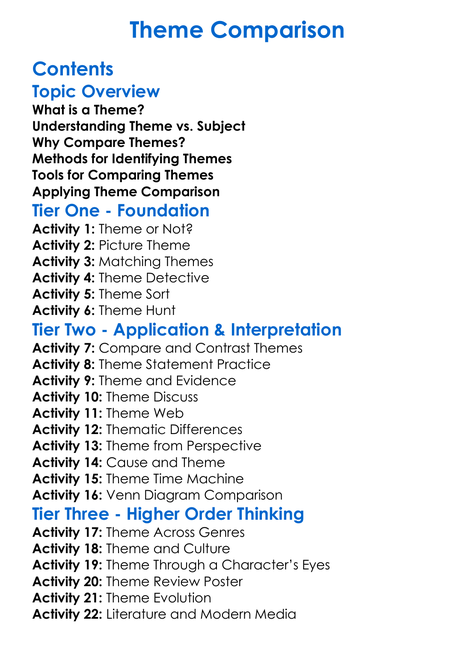 Theme Comparison Worksheet Activity Booklet