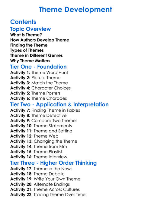 Theme Development Worksheet Activity Booklet
