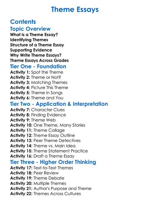 Theme Essays Worksheet Activity Booklet