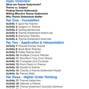Theme Statements Worksheet Activity Booklet