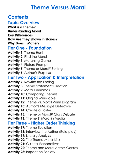 Theme Versus Moral Worksheet Activity Booklet