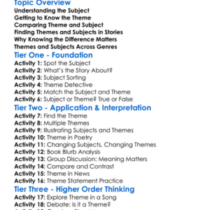 Theme Versus Subject Worksheet Activity Booklet