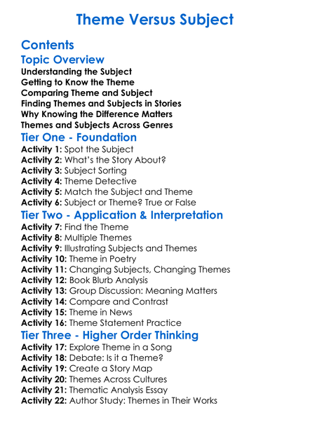 Theme Versus Subject Worksheet Activity Booklet