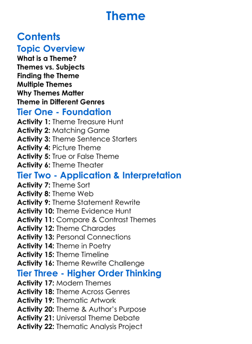 Theme Worksheet Activity Booklet