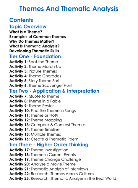 Themes And Thematic Analysis Worksheet Activity Booklet