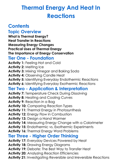 Thermal Energy And Heat In Reactions Worksheet Activity Booklet