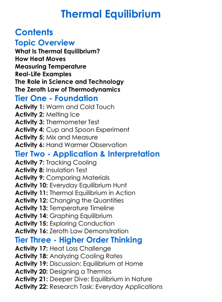 Thermal Equilibrium Worksheet Activity Booklet