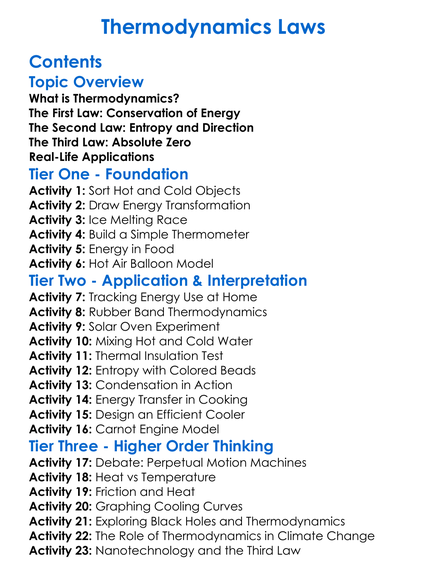 Thermodynamics Laws Worksheet Activity Booklet