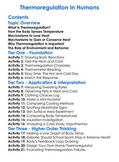 Thermoregulation In Humans Worksheet Activity Booklet