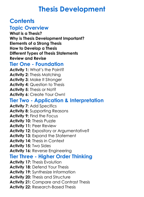 Thesis Development Worksheet Activity Booklet