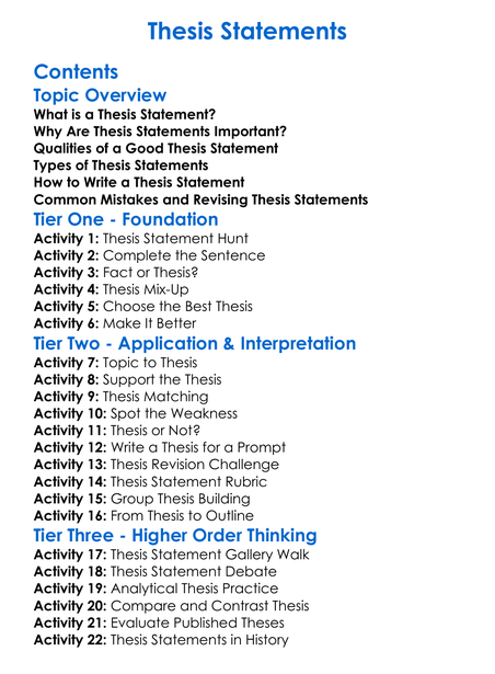 Thesis Statements Worksheet Activity Booklet
