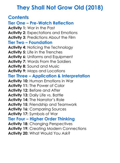 They Shall Not Grow Old 2018 Worksheet Activity Booklet