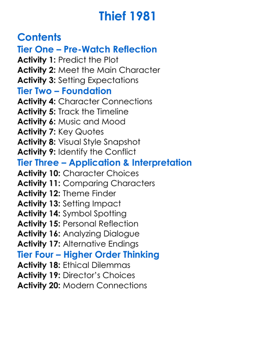 Thief 1981 Worksheet Activity Booklet