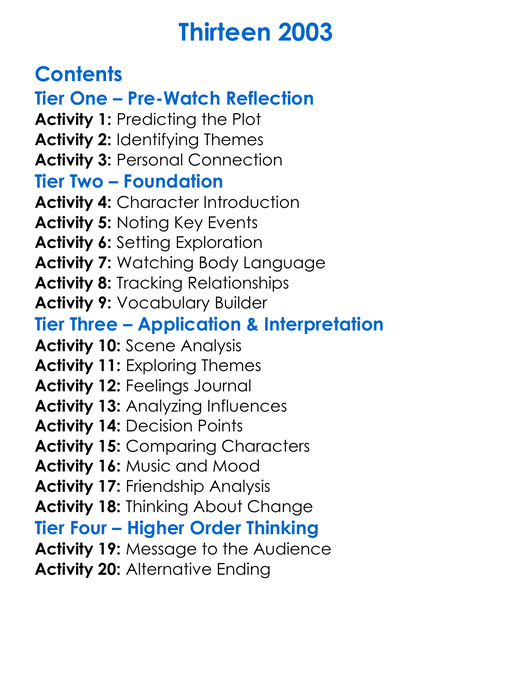 Thirteen 2003 Worksheet Activity Booklet