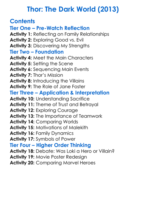 Thor The Dark World 2013 Worksheet Activity Booklet