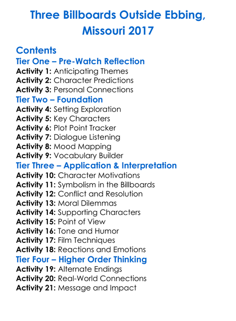 Three Billboards Outside Ebbing Missouri 2017 Worksheet Activity Booklet
