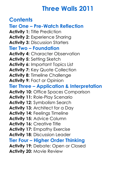 Three Walls 2011 Worksheet Activity Booklet