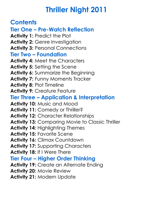 Thriller Night 2011 Worksheet Activity Booklet