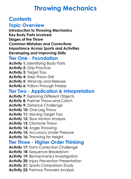 Throwing Mechanics Worksheet Activity Booklet
